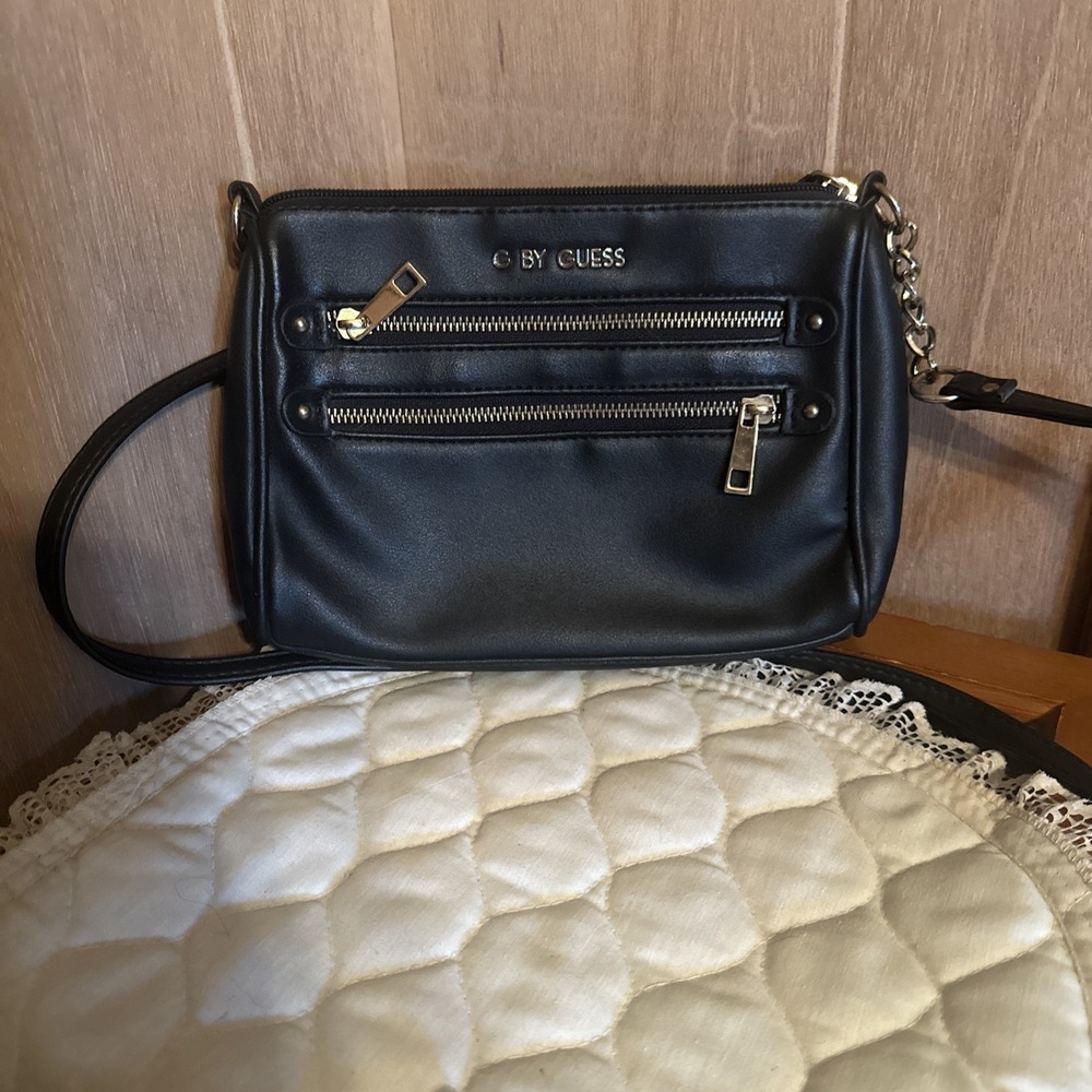 Vintage Y2K Black G By Guess Faux Leather Bag With Gold Chain Zippers And Handle